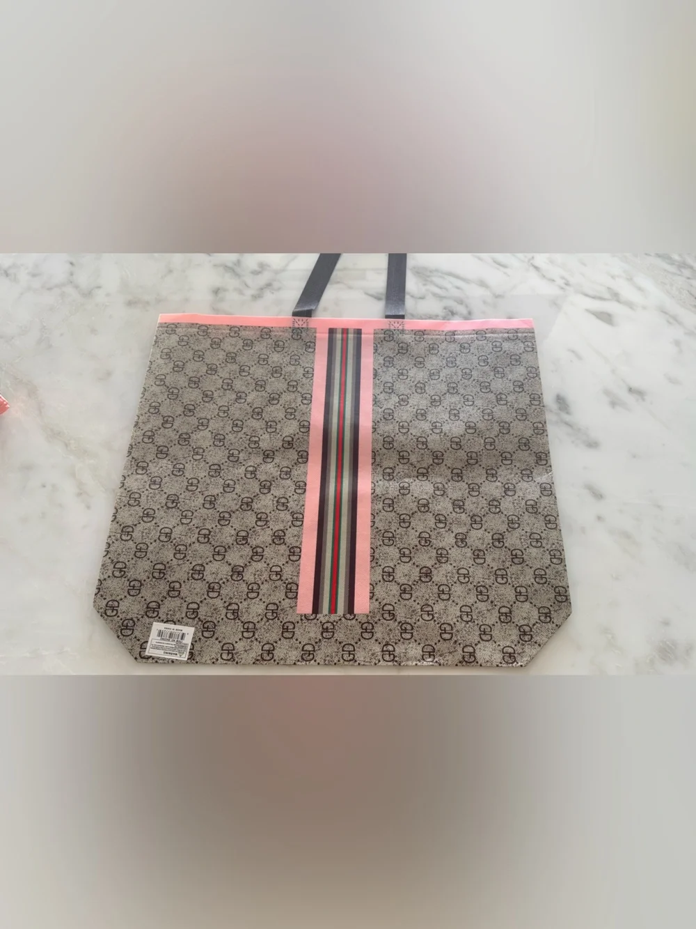 Monogram Logo Shopping Tote Pink Trim & Stripe Detail Plastic Vinyl Gift Bag
